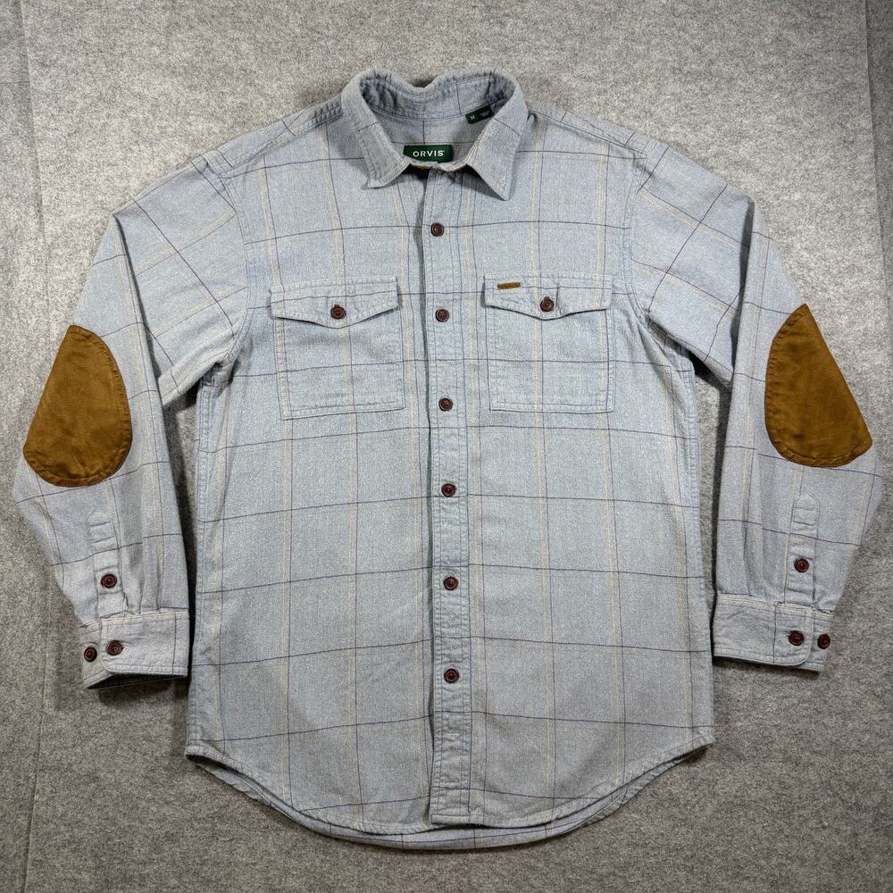 Orvis Fairbanks Shirt Mens M Blue Windowpane Plaid Suede Elbow Patches Preppy